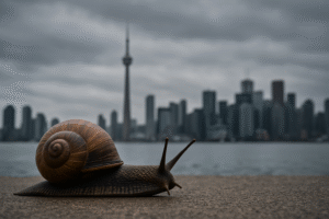 A Snail on the Toronto Skyline Symbolizing a Slow Real Estate Market