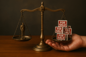 A Stack of Miniature “For Sale” signs With the Scale Tipped Toward the Buyer
