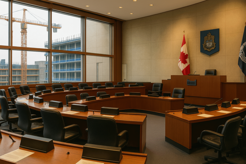Empty city council chamber with construction site visible through large windows.