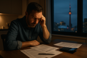 Man at kitchen table reviewing financial documents with a calculator, looking stressed, Toronto skyline visible through window in the evening.