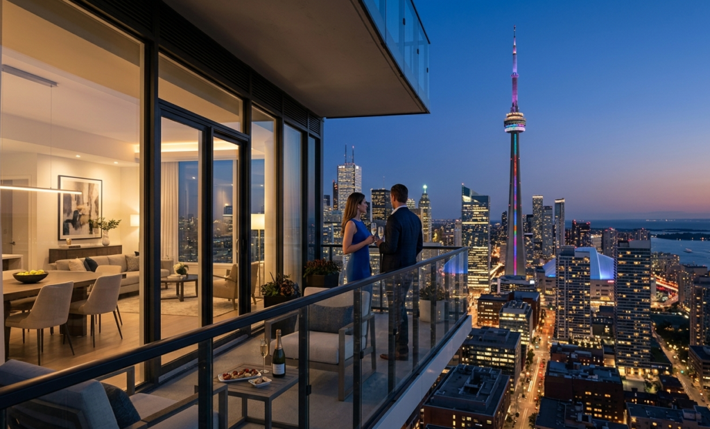 Luxury glass balcony overlooking the Toronto condo market 2026 skyline