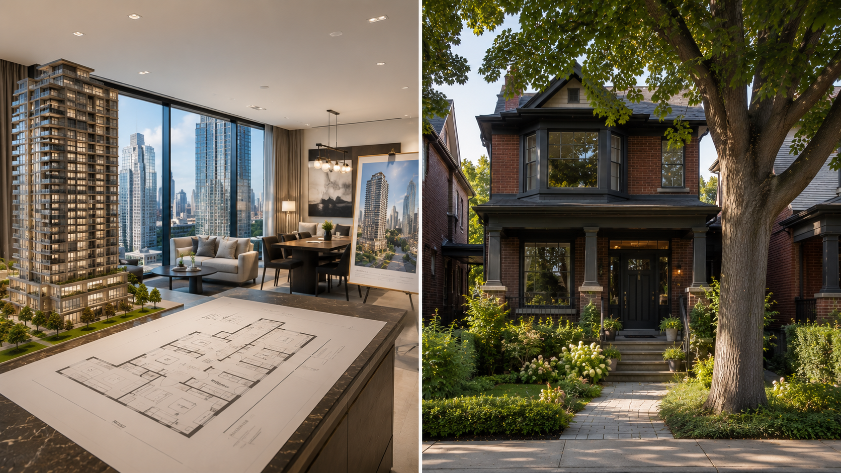 Toronto pre-construction condo display and classic resale brick home shown side by side