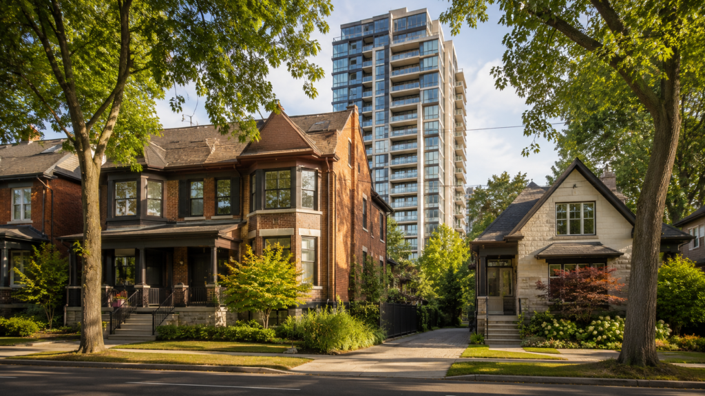 Toronto family comparing semi-detached, detached, and condo options on a neighbourhood street