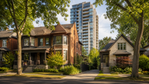 Toronto family comparing semi-detached, detached, and condo options on a neighbourhood street