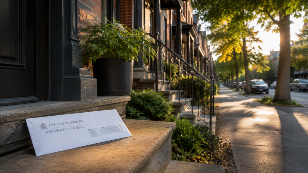 Toronto homeowner reviewing a vacant home tax notice at the front door of a city row house