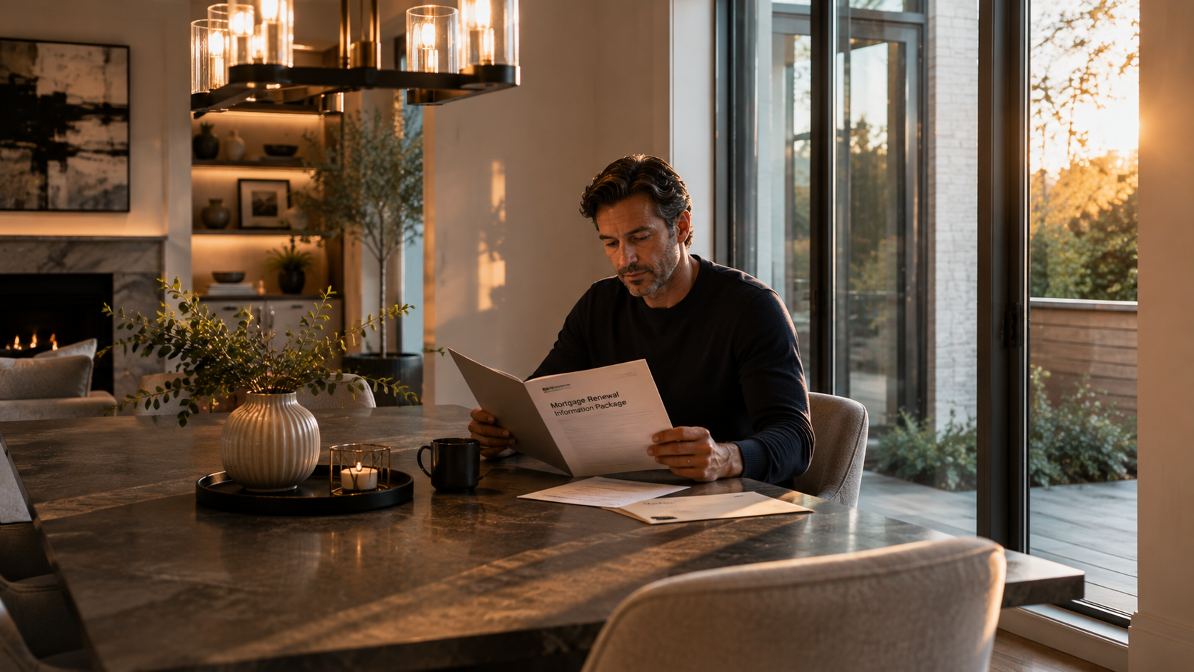 Homeowner reviewing a mortgage renewal straight switch at a kitchen table