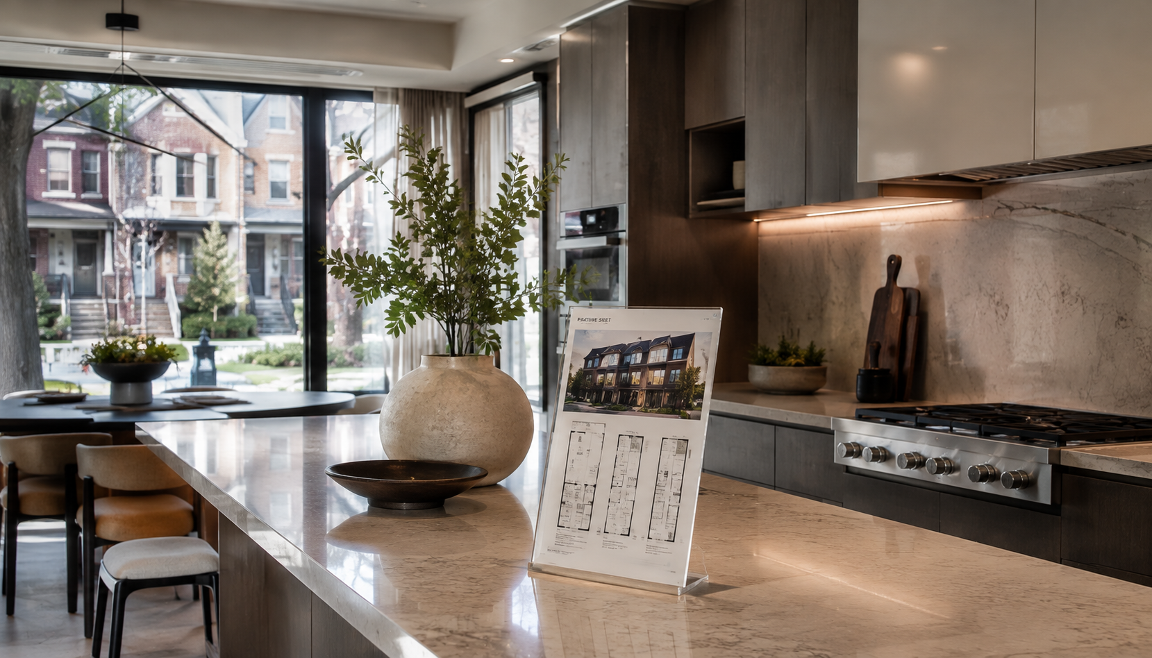 A modern Toronto new-construction townhome kitchen with a feature sheet on the island and brick houses outside the window.