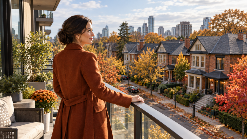 A woman on a condo balcony looks down at a row of brick semis, the condo versus semi choice on a Toronto street in October.