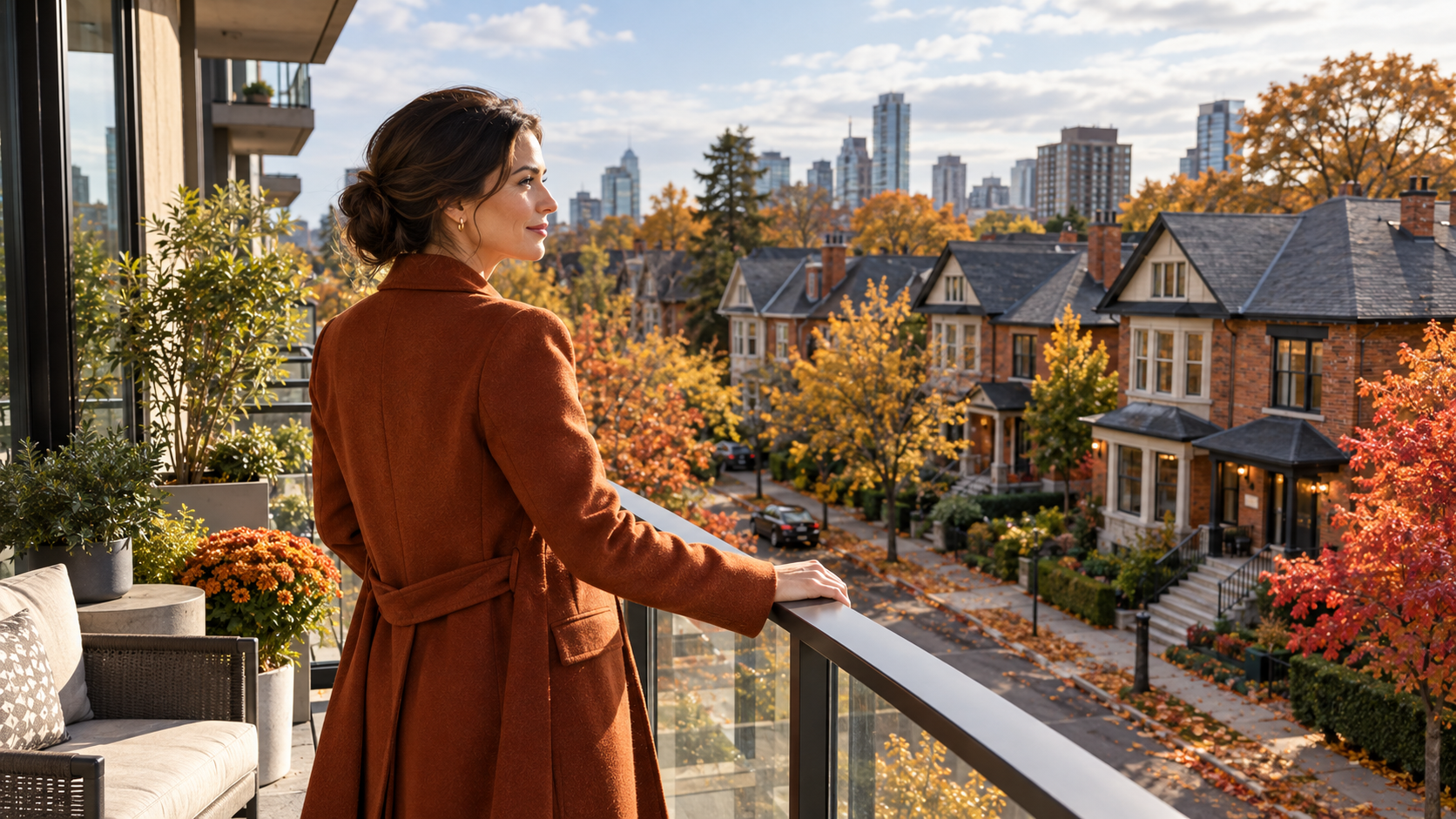 A woman on a condo balcony looks down at a row of brick semis, the condo versus semi choice on a Toronto street in October.