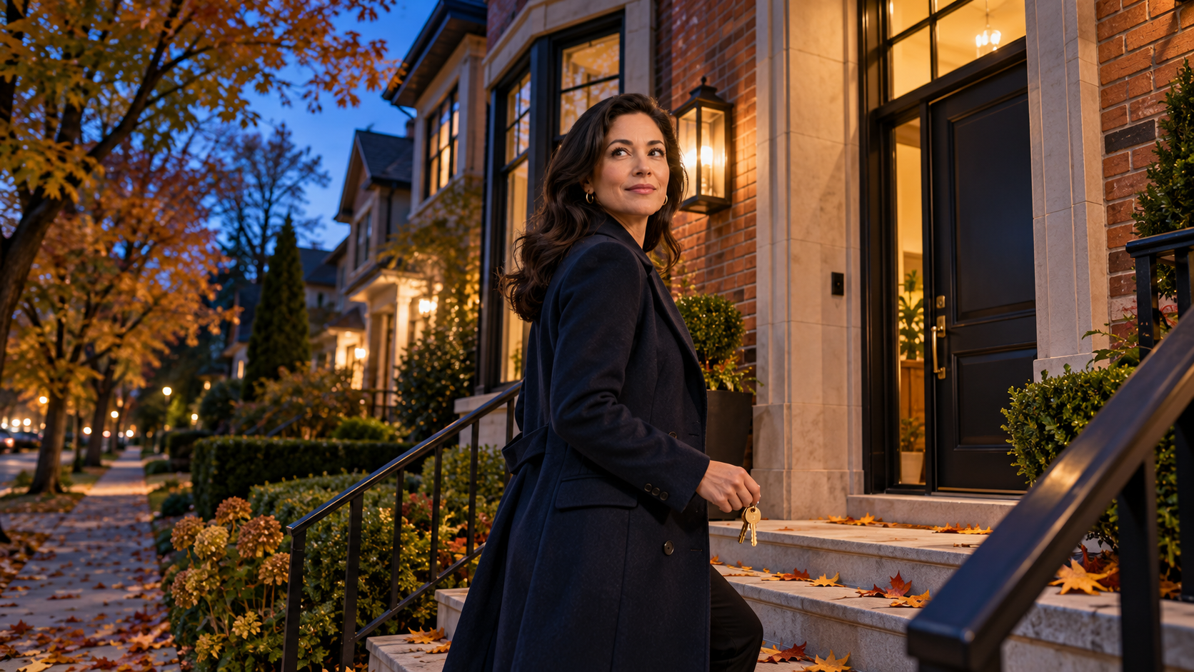 A woman with keys pauses on a Toronto front step on a quiet October evening, the mood of slower GTA home sales.
